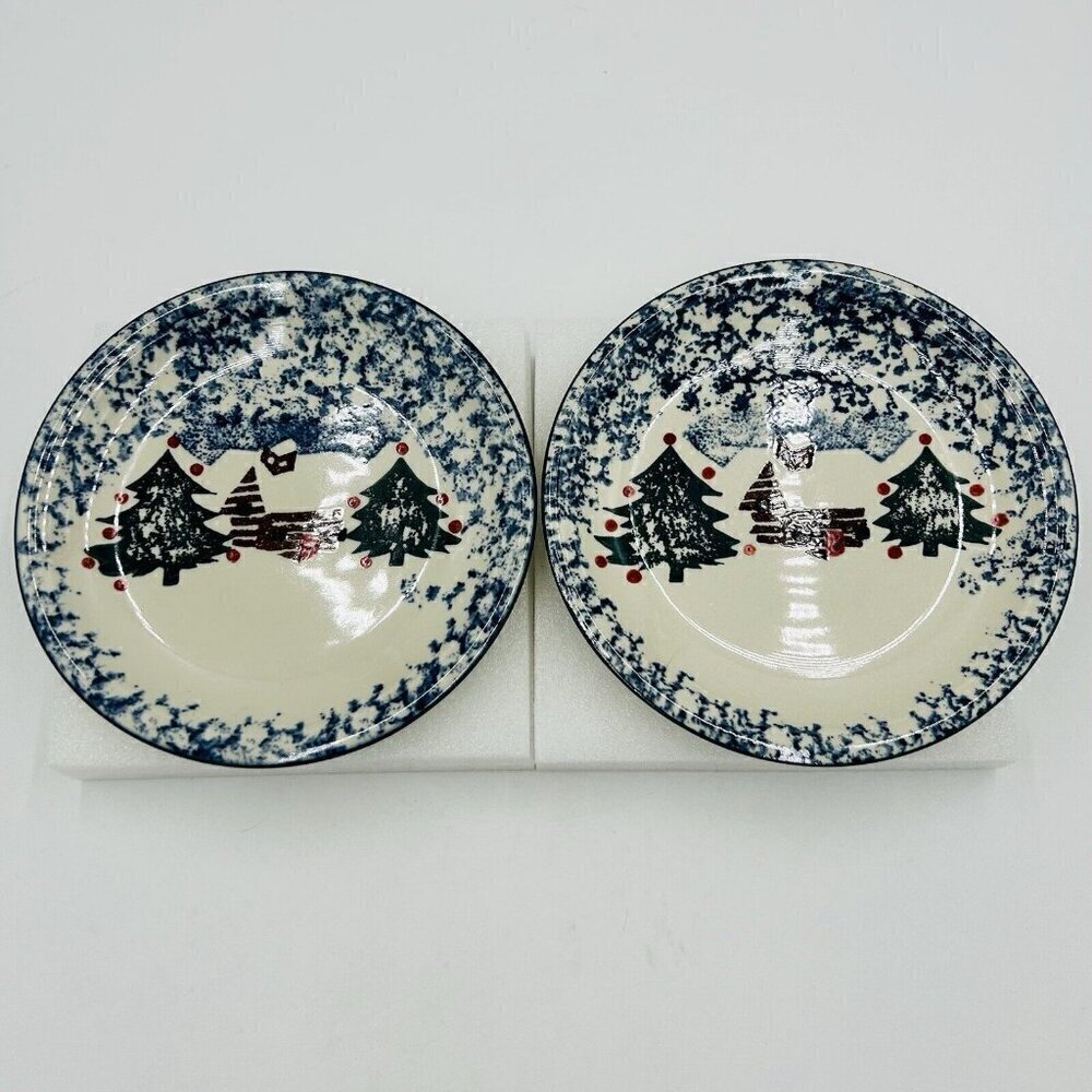Folk Craft CABIN IN THE SNOW 7 5/8" Salad Plates Blue Sponge Tienshan Set of 2